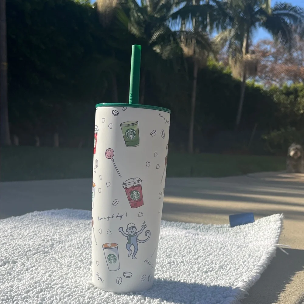 Starbucks Playful White Tumbler with Green Lid - Picture 2 of 6